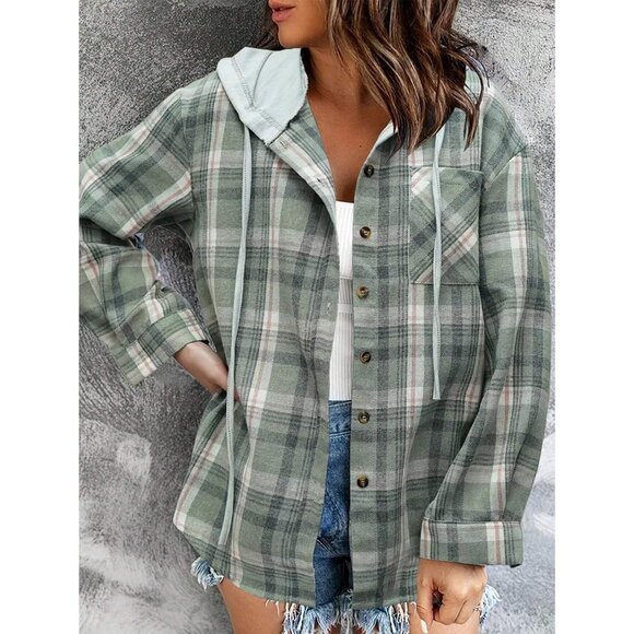 WILA Jackets & Blazers - sage green plaid shacket button down shirt jacket preppy boho hooded jacket